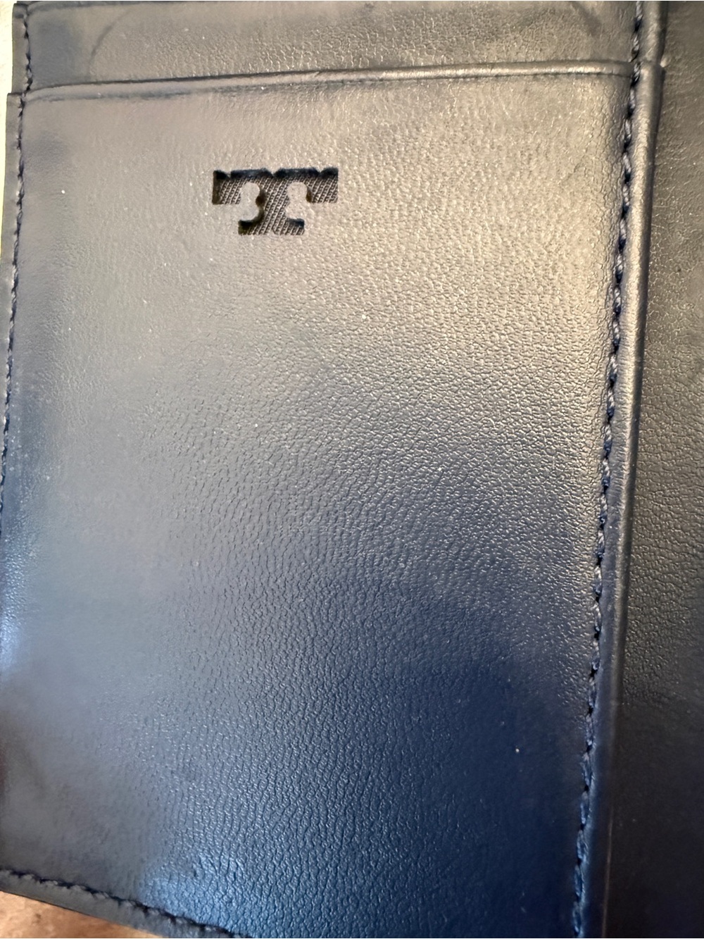 Dark Blue Tory Burch Leather Tri-Fold Wallet with Gold Accent - Picture 3 of 3